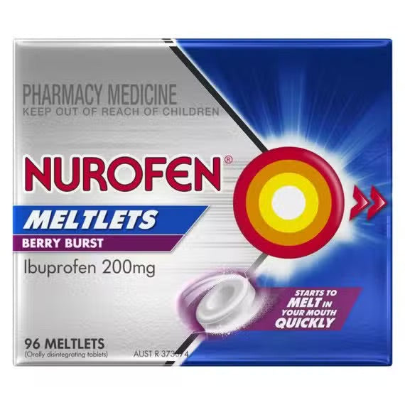 Nurofen Meltlets Pain Relief Berry Burst 200mg Ibuprofen 96 Pack