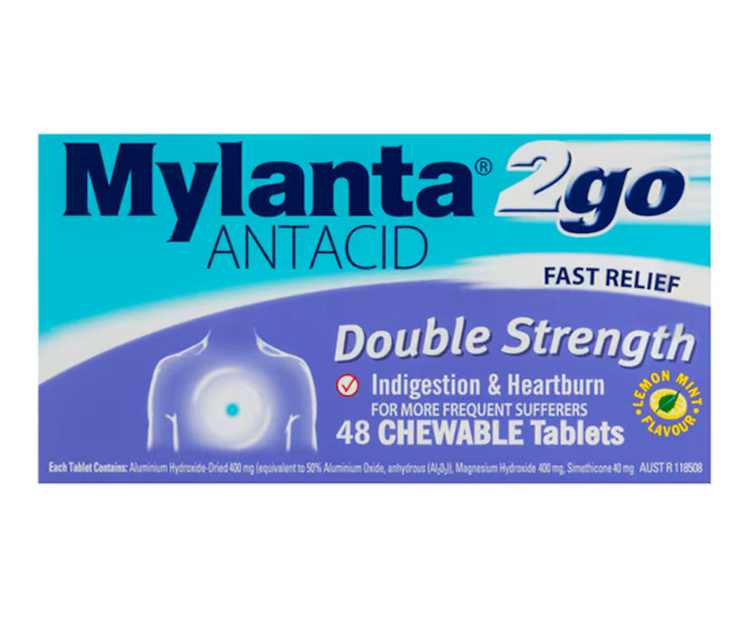 Mylanta 2Go Antacid Double Strength Tablets Lemon Mint 48 Pack