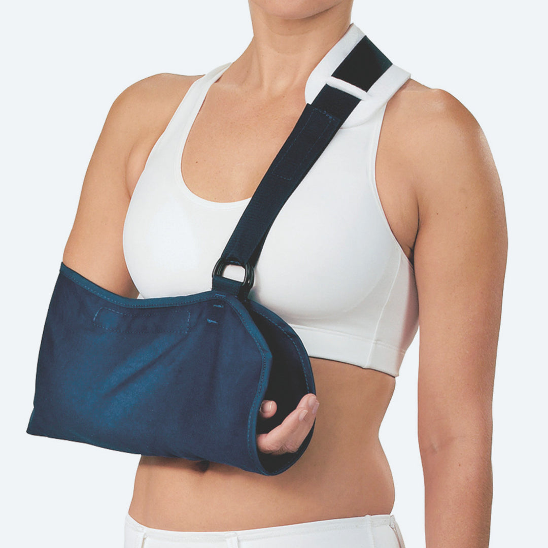 Person wearing a blue arm sling on a white background