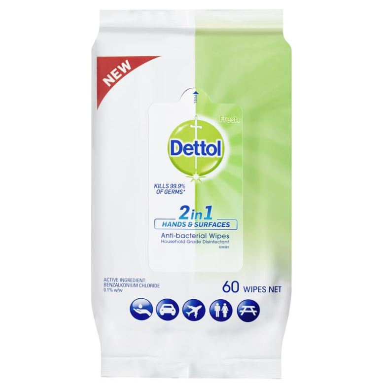 Dettol 2 in 1 Hands & Surfaces Antibacterial 60 Wipes