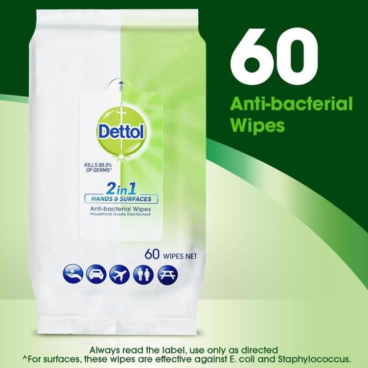 Dettol 2 in 1 Hands & Surfaces Antibacterial 60 Wipes