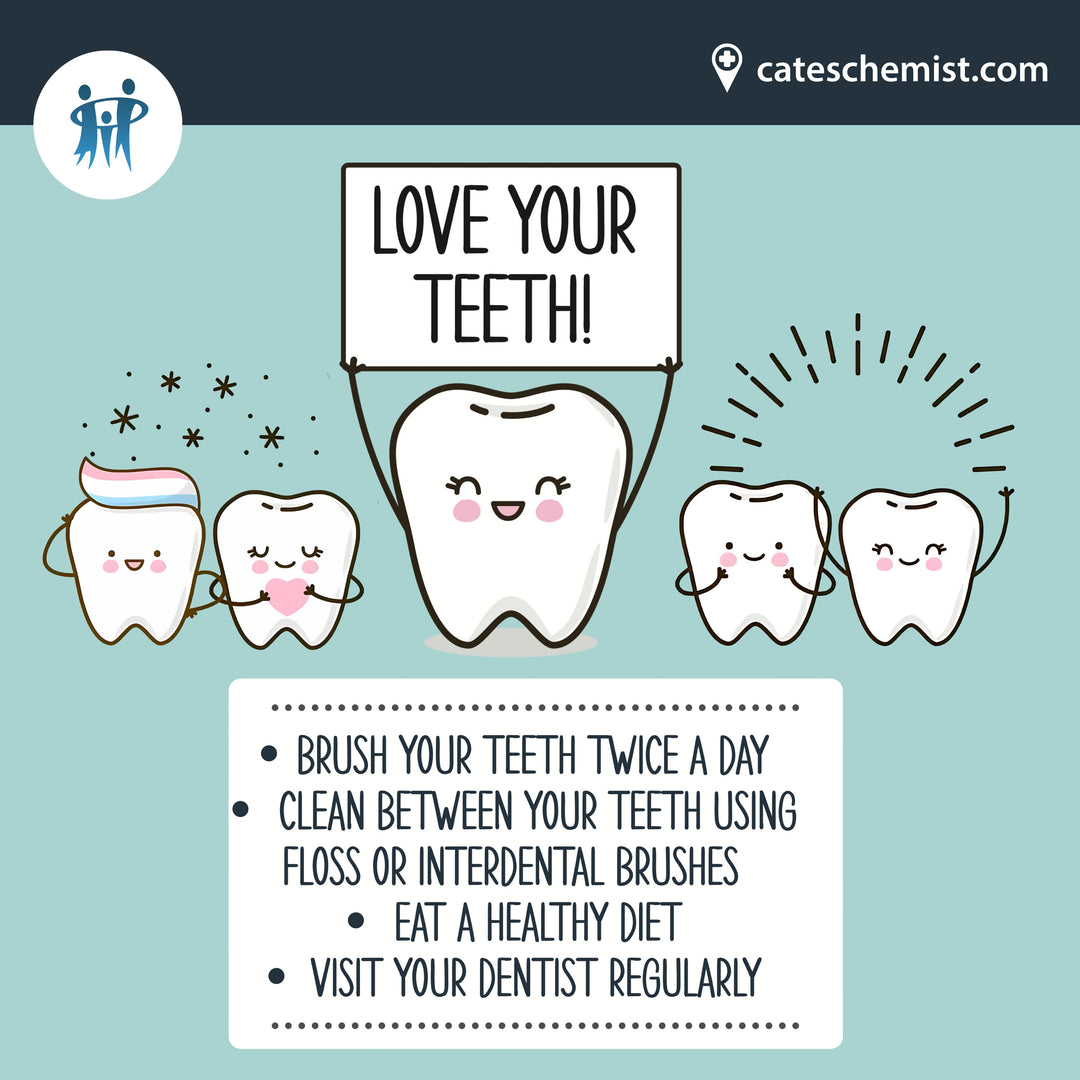 nfographic titled ‘LOVE YOUR TEETH!’ shows a smiling tooth with tips on brushing, flossing, healthy eating, and dentist visits. Includes stars, sparkles, and the 'cateschemist' logo on a blue background.