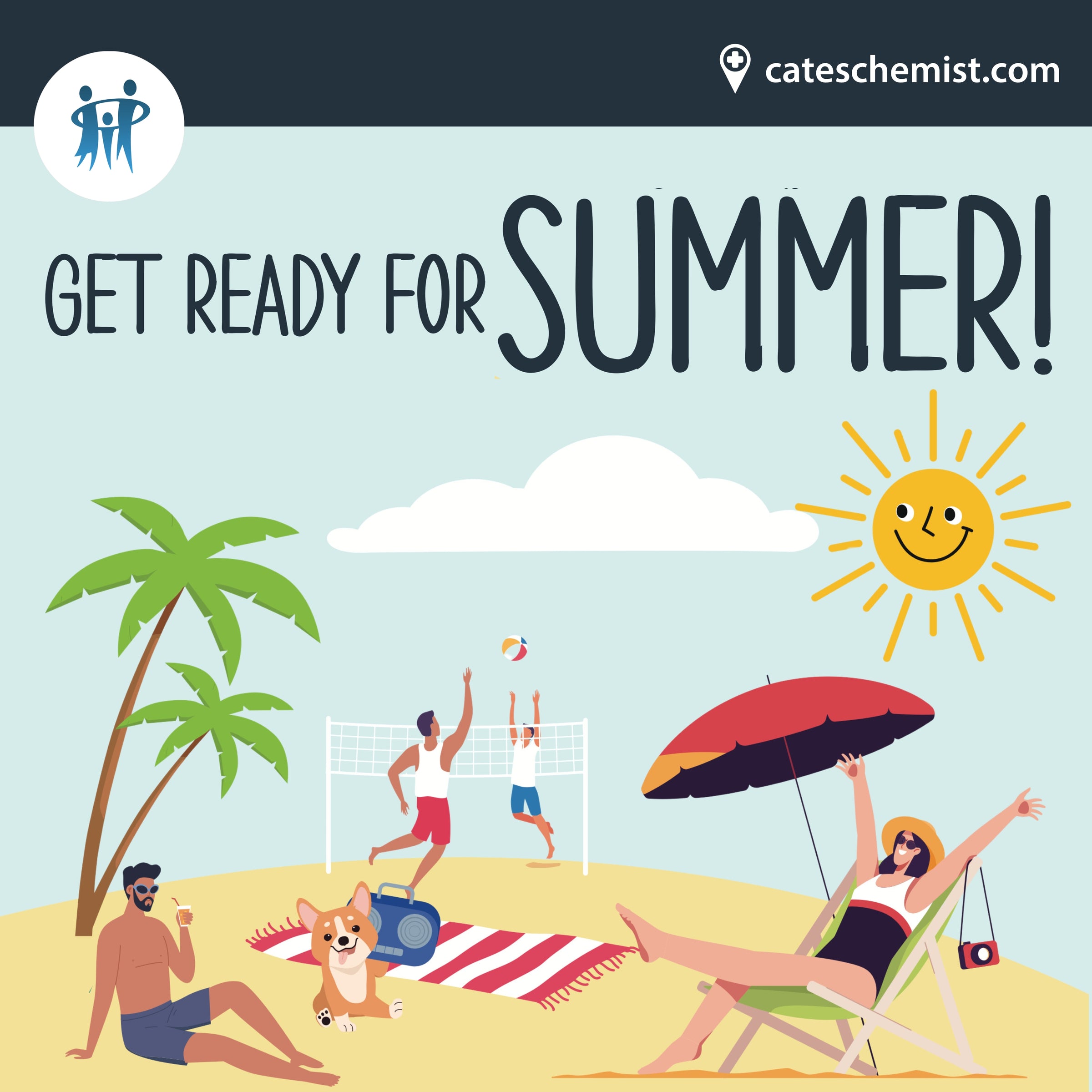 Beach scene with people playing volleyball, relaxing under an umbrella, enjoying drinks, with palm trees, a boombox, and a dog, and text "GET READY FOR SUMMER!" and "cateschemist.com" in the corner.