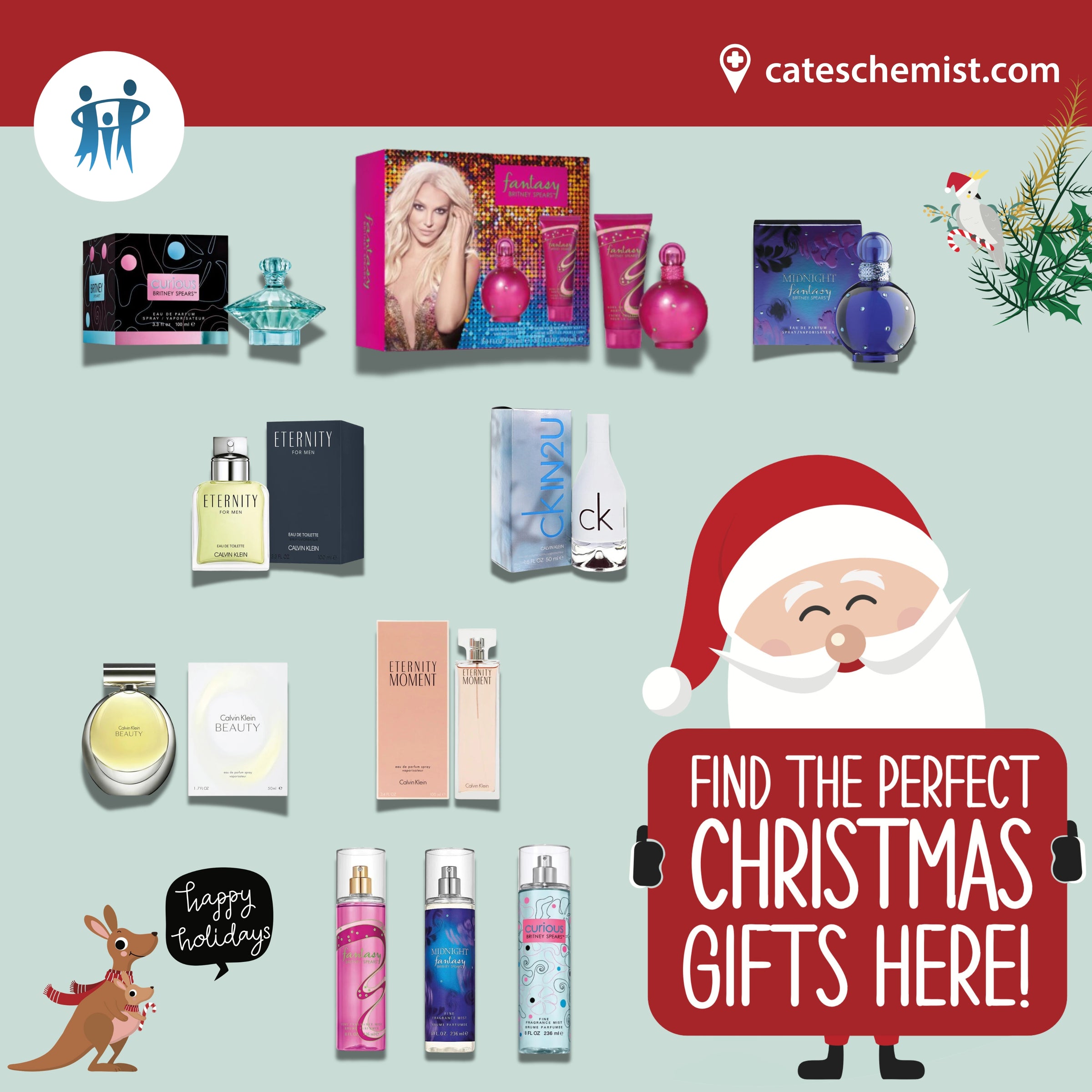 A Santa Claus is holding a sign that reads "Find the perfect Christmas gifts here!" It showcases various perfume and beauty product sets from brands like Calvin Klein and Britney Spears.