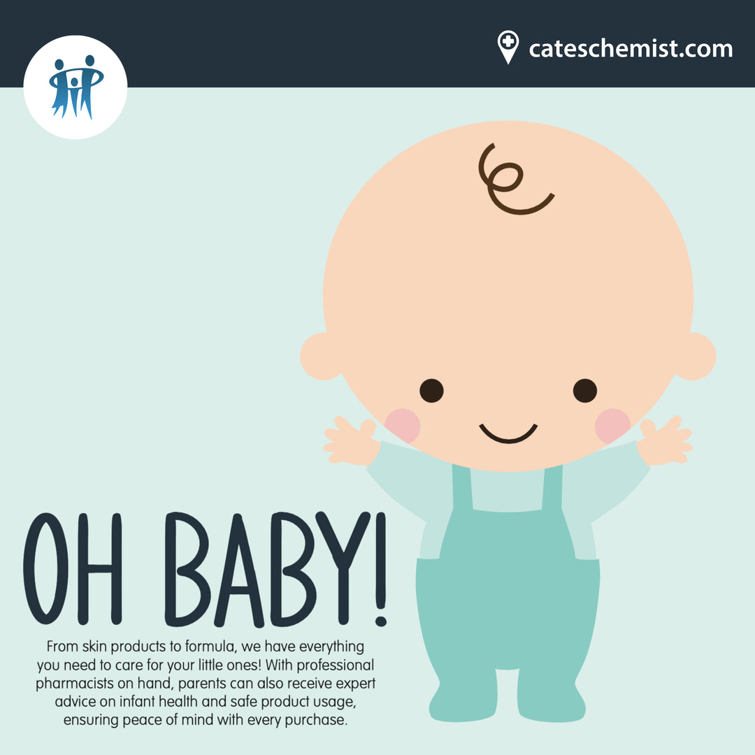 A baby in a blue onesie with arms outstretched, accompanied by the text ‘OH BABY!’ Above the baby.