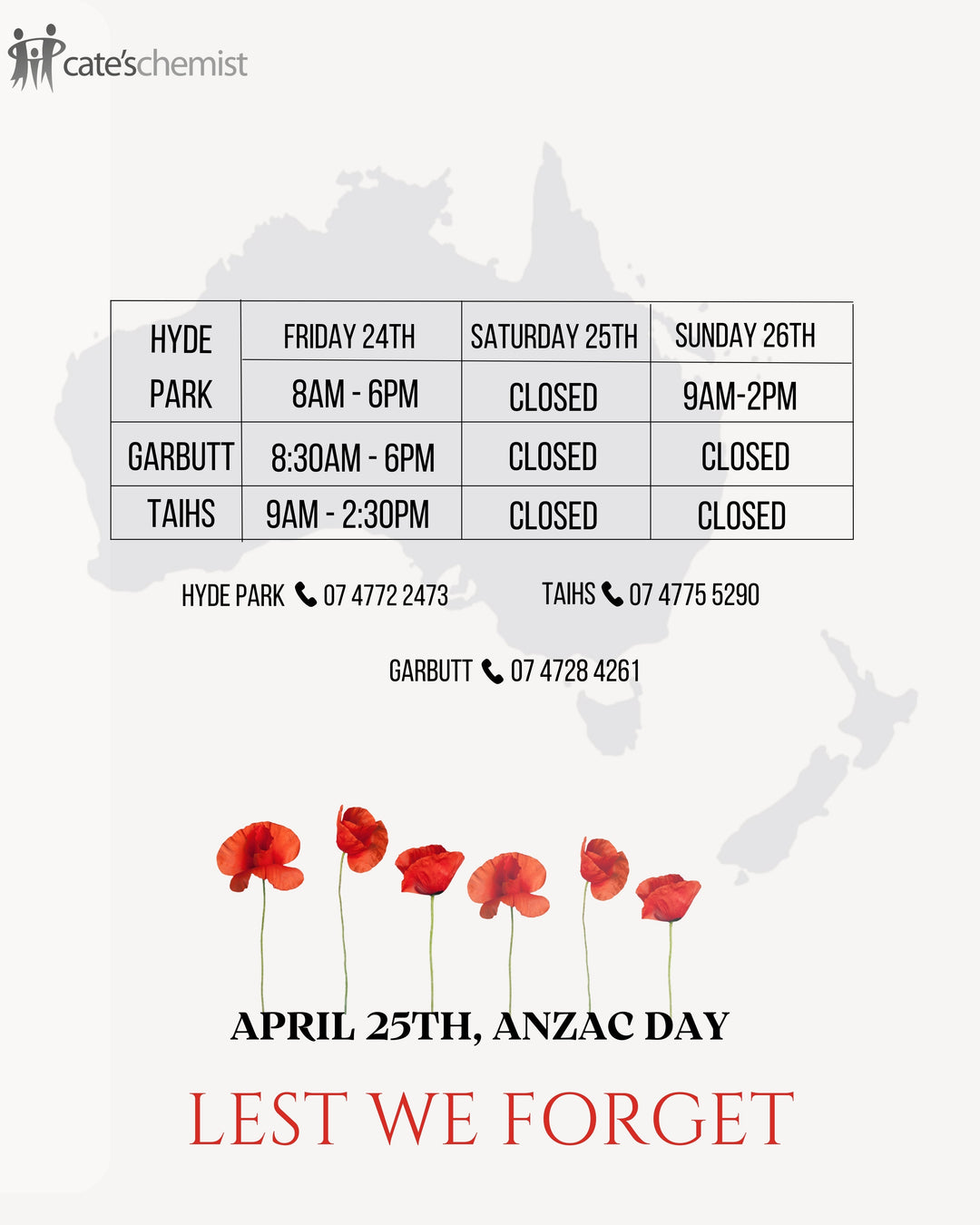 Anzac Day Closure