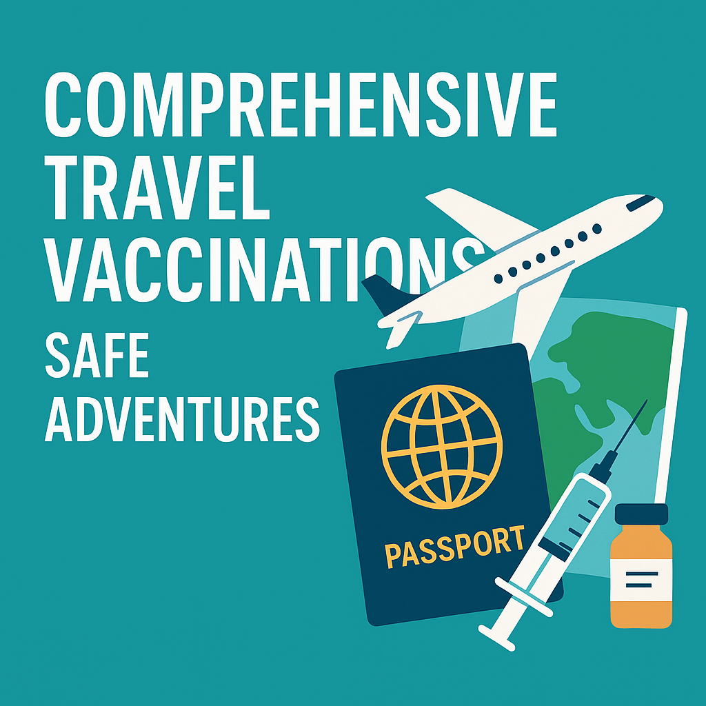 A travel vaccination passport with the words 'Comprehensive Travel Vaccination, Safe Adventures' on a blue and white background.