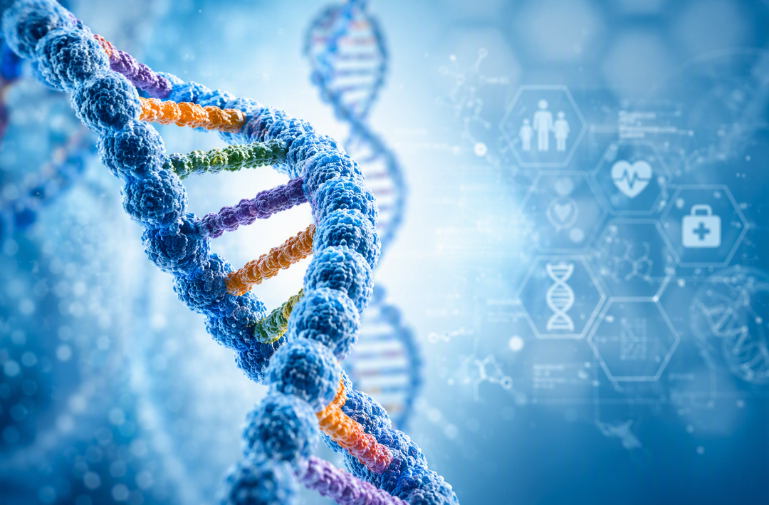 Illustration of a DNA double helix with healthcare and genetic science icons in the background