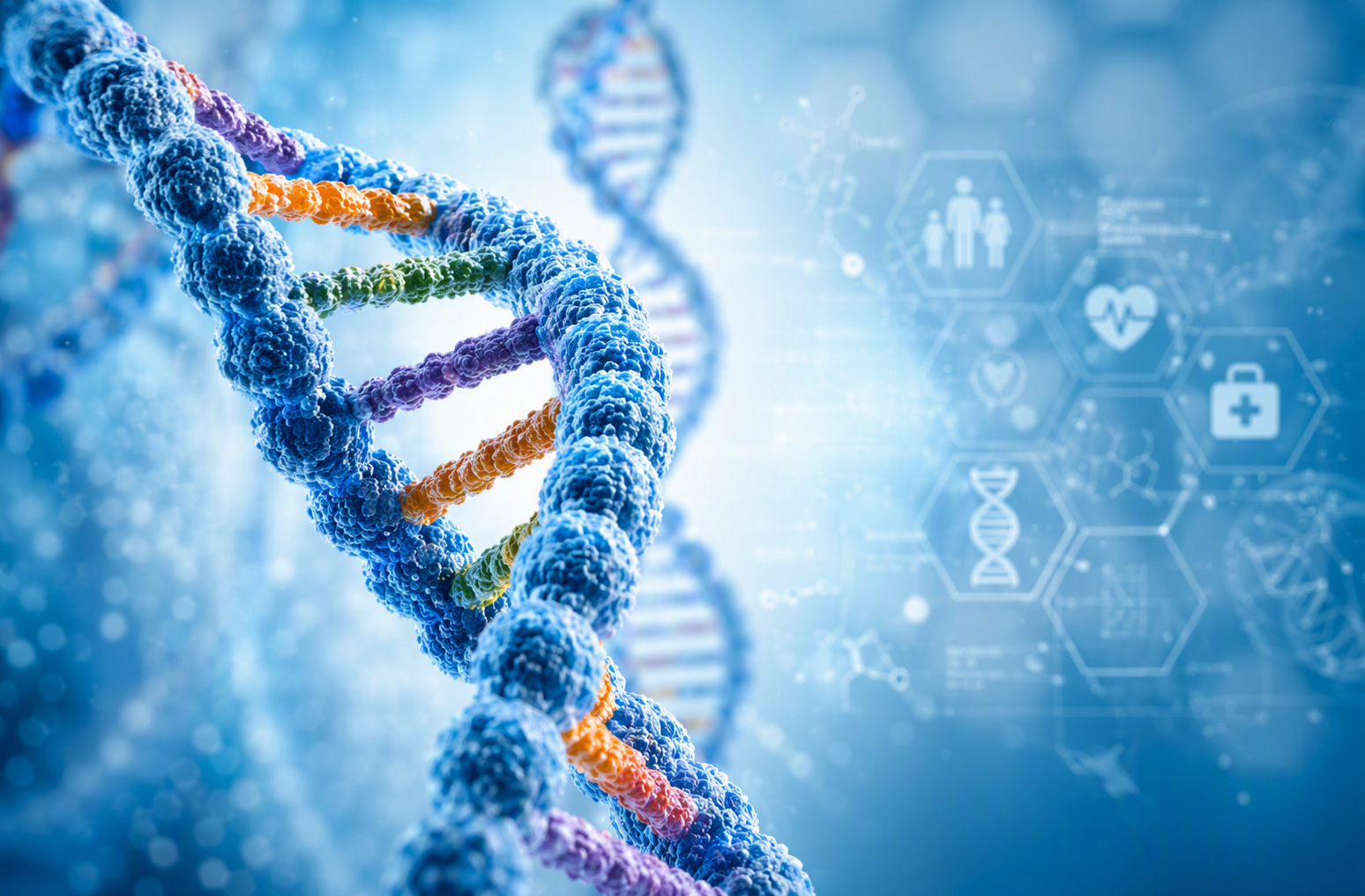 Illustration of a DNA double helix with healthcare and genetic science icons in the background