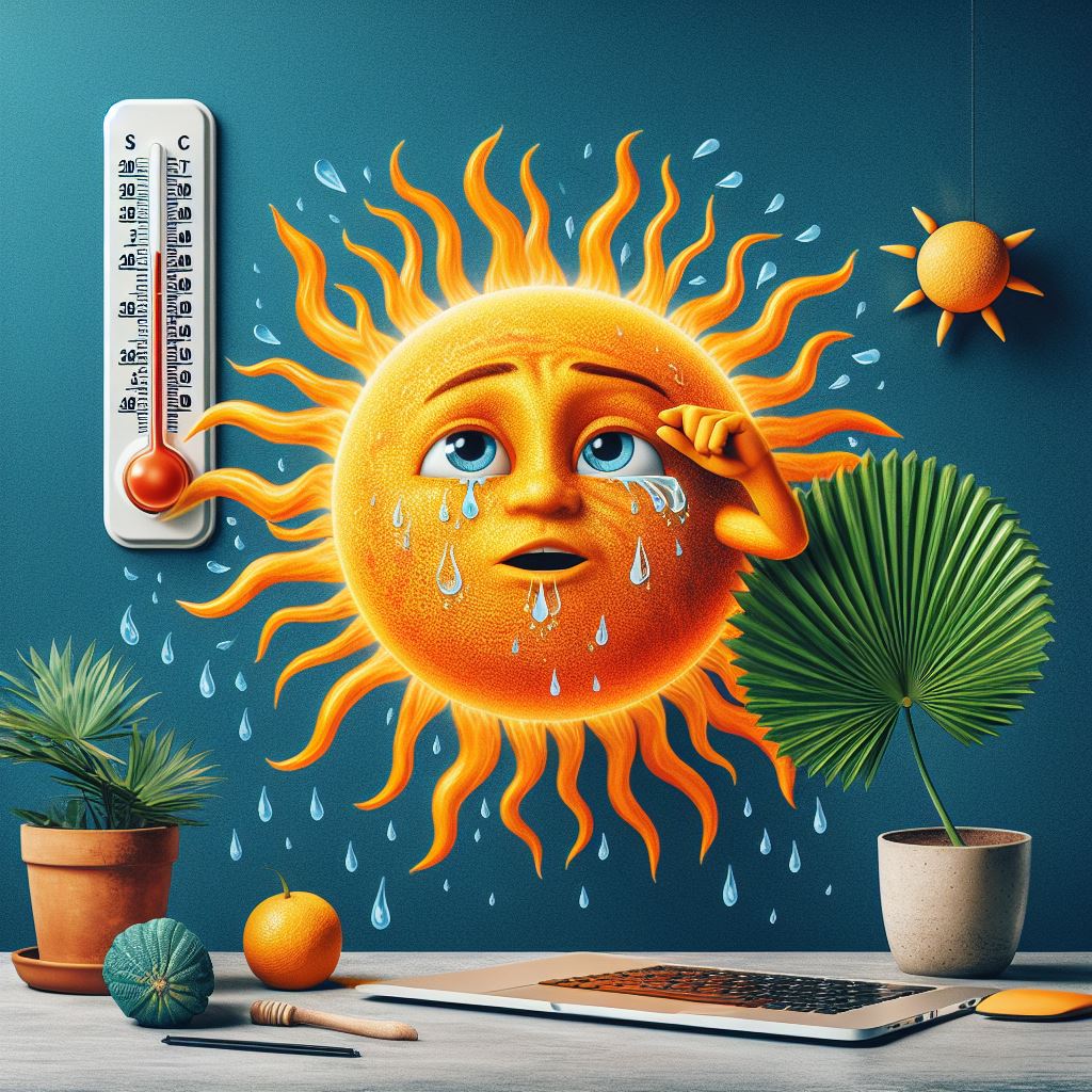 A sun is sweating. Surrounding elements include a high-temperature thermometer, a laptop on a desk, and several potted plants, illustrating a hot environment.