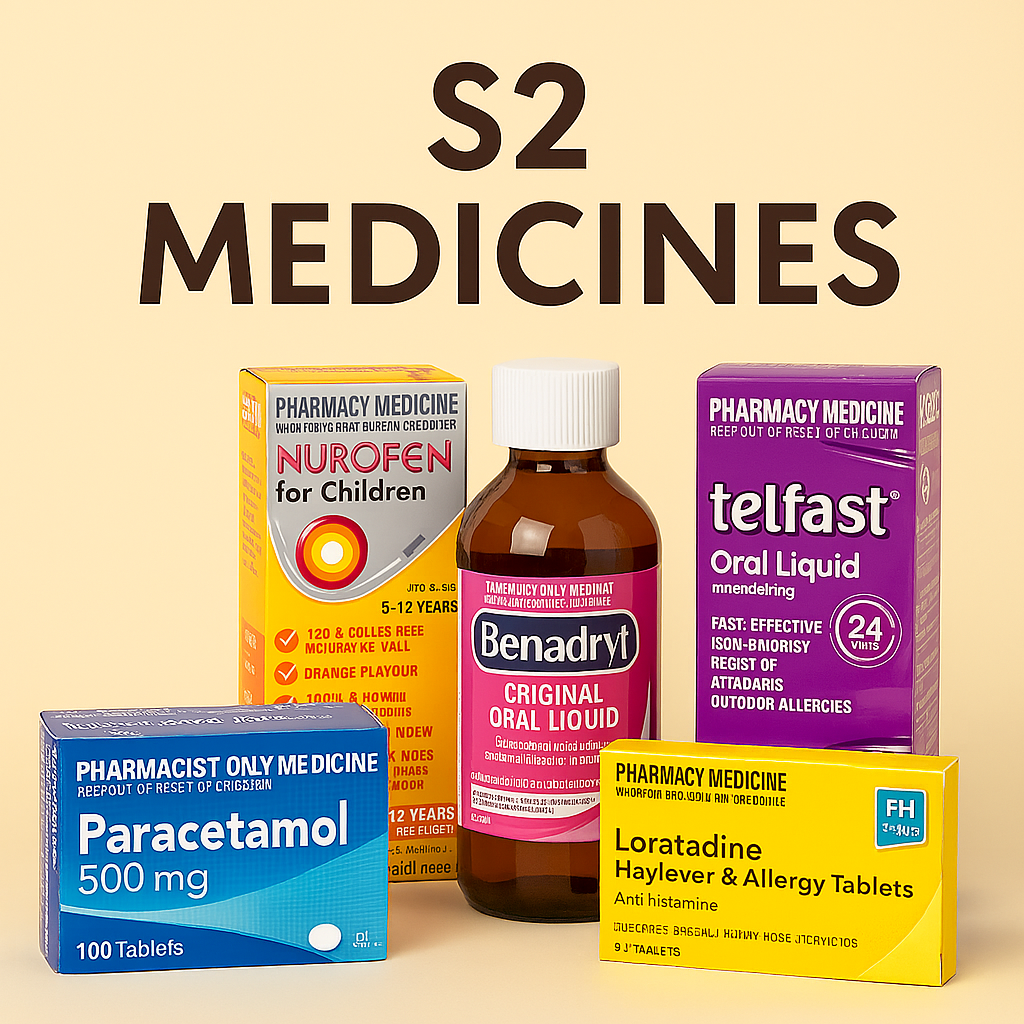 Collection of S2 Pharmacy Medicines including Nurofen for Children, Benadryl, Telfast, Paracetamol, and Loratadine.