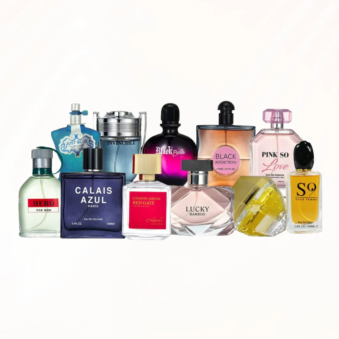 A collection of eleven different perfume bottles is arranged on a plain white background.