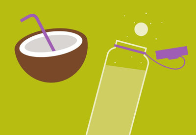 Illustration of a coconut with a straw next to an open, tipped bottle with liquid pouring out, against a green background.