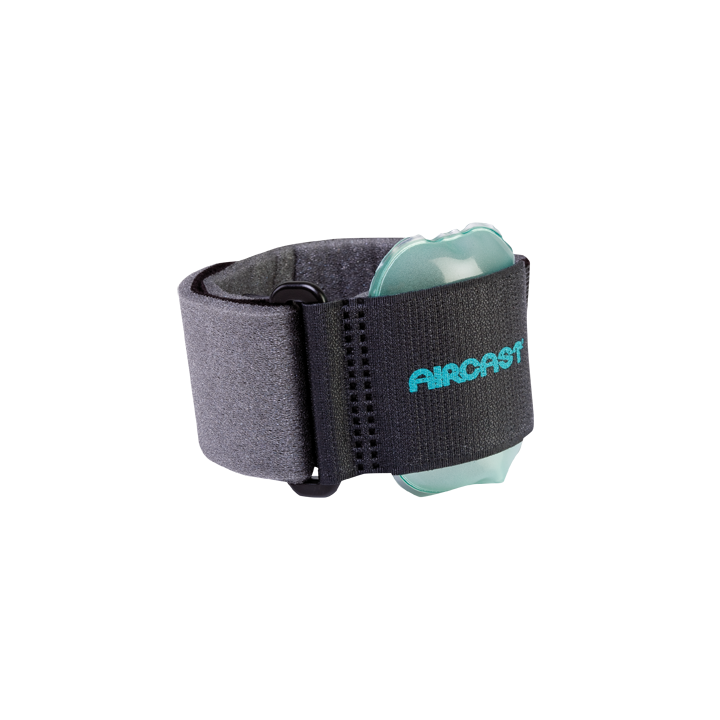 Gray wristband with teal ends and 'Aircast' branding on a white background