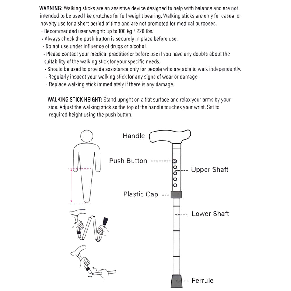 Safe Home Care Folding Walking Stick Black Floral Design 33-37"