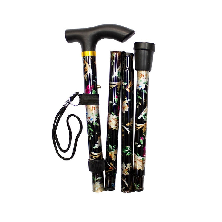 Safe Home Care Folding Walking Stick Black Floral Design 33-37"