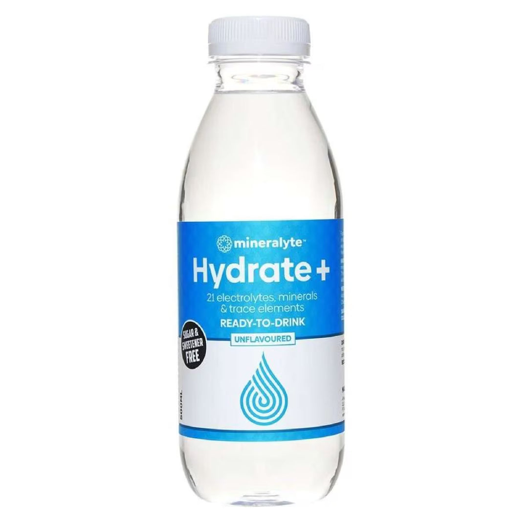 A bottle of mineralyte Hydrate+ ready-to-drink unflavoured electrolyte drink on a plain white background.