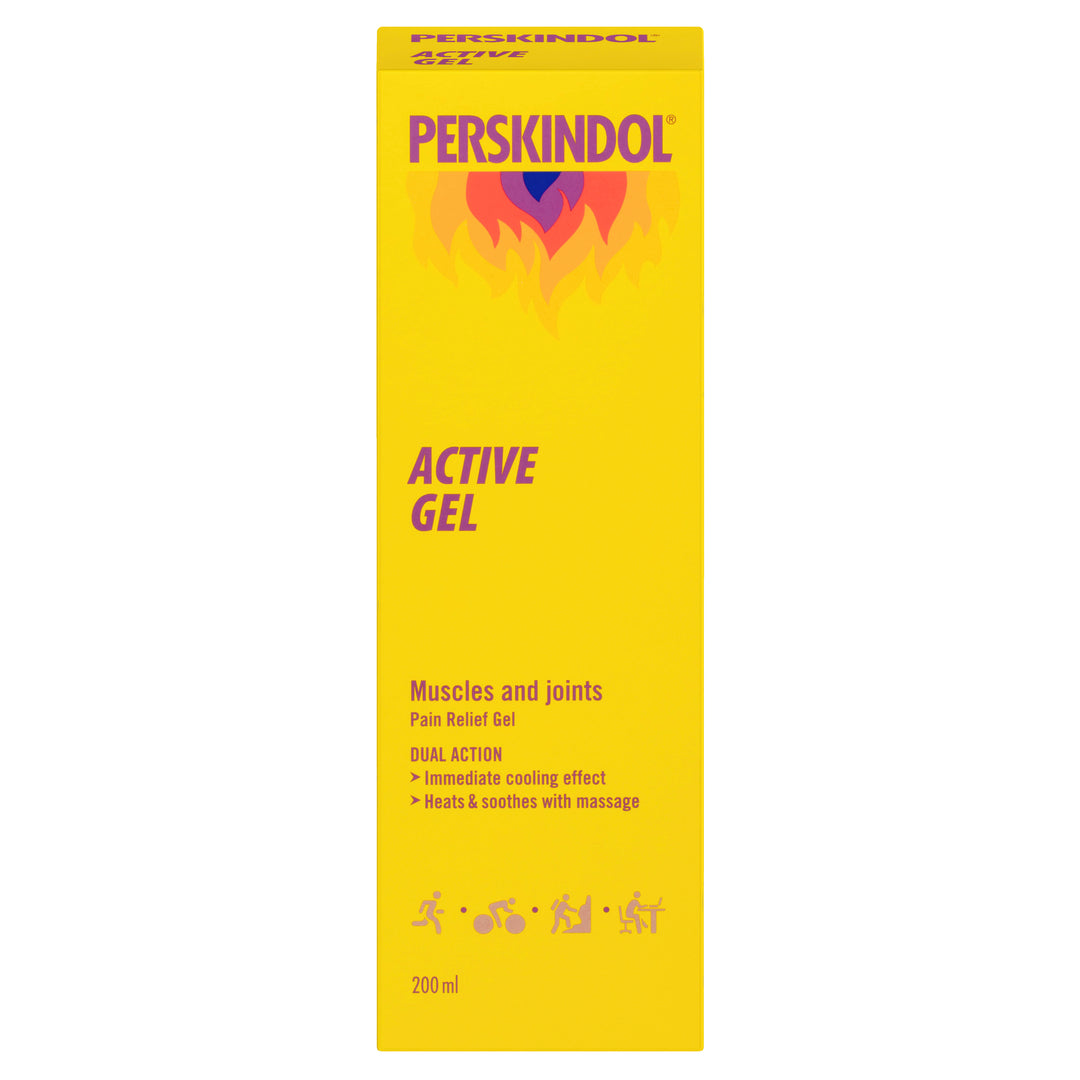 Yellow box of Perskindol Active Gel on a white background