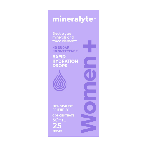 A tall lavender box for mineralyte Women+ rapid hydration drops, with white and purple text on a plain white background.