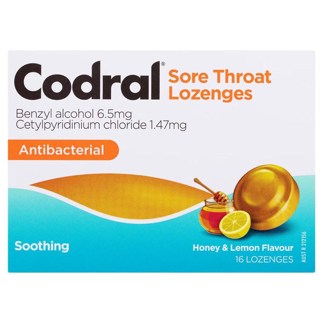 Codral Sore Throat Lozenges Antibacterial 16 Pack Honey Lemon