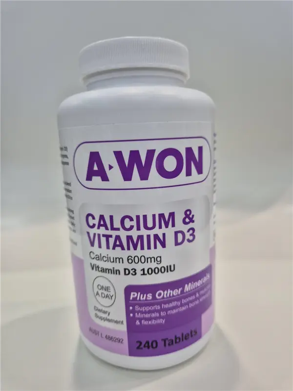 A white plastic bottle of A-Won Calcium & Vitamin D3 dietary supplement, containing 240 tablets, shown against a neutral light gray background.