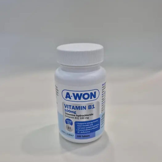A white plastic bottle of A-Won Vitamin B1 dietary supplement with a white ribbed cap, set against a plain light gray background.