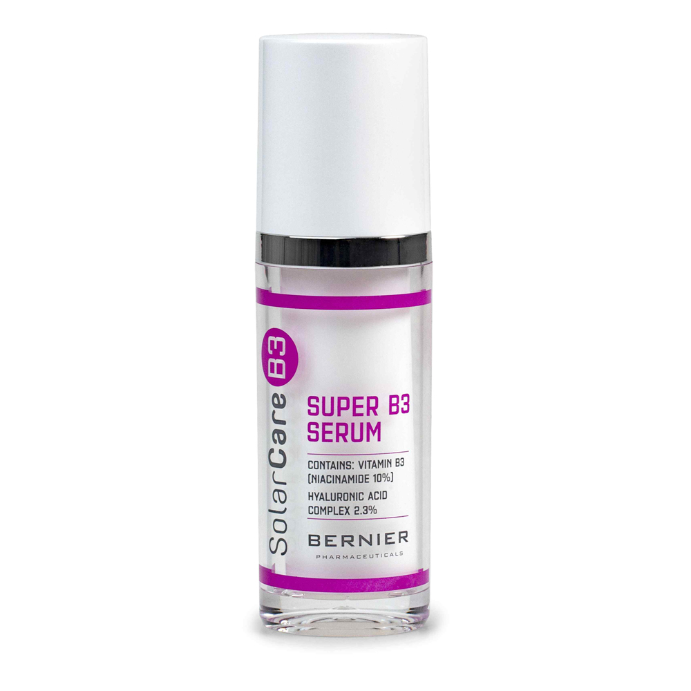 Super B3 Serum bottle with white and purple label on a white background
