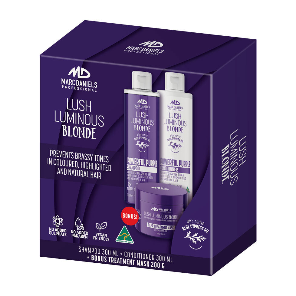 Marc Daniels Powerful Purple Blonde Set. 300ml Shampoo, 300ml Conditioner and 200gm Mask