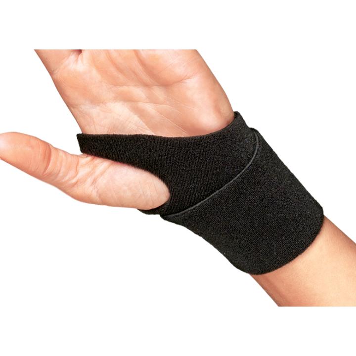 Black wrist support band on a person's wrist against a white background