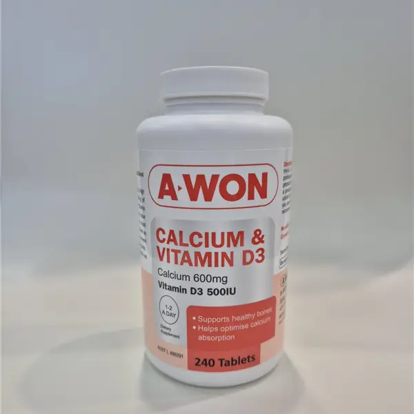 A white plastic bottle of A-Won Calcium & Vitamin D3 dietary supplement, containing 240 tablets, set against a neutral light gray background.