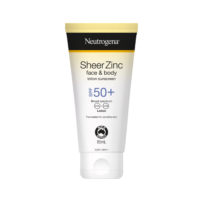 Neutrogena Sheer Zinc face & body lotion sunscreen SPF 50+ on a white background