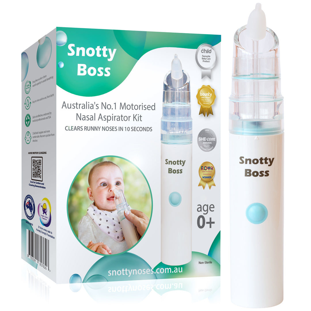 Snotty Boss nasal aspirator kit with packaging on a white background