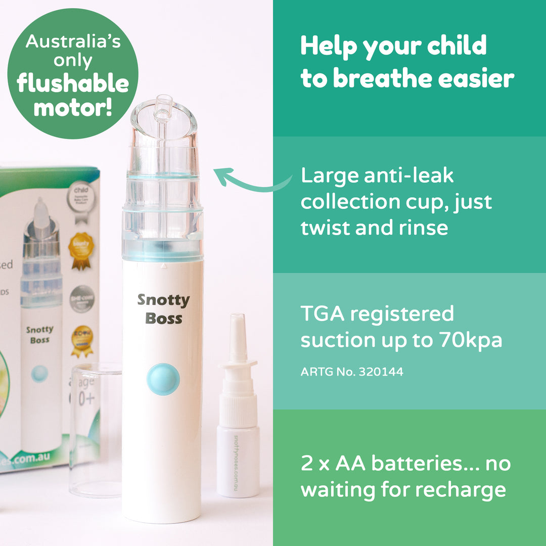 Snotty Boss product with packaging and features highlighted on a green background