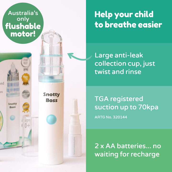 Snotty Boss product with packaging and features highlighted on a green background