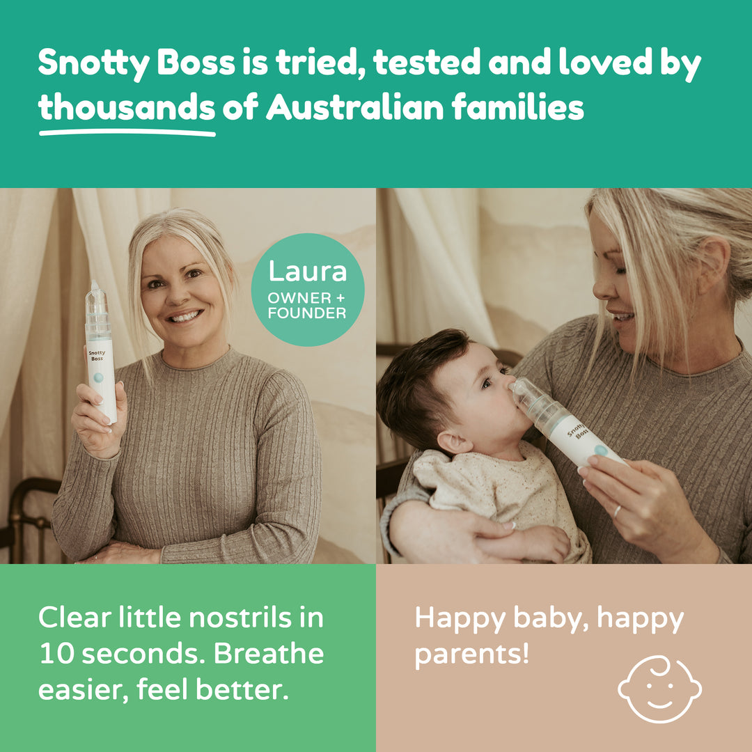 Promotional graphic for a product used by Australian families, featuring a woman and a child with text about product benefits.