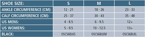 A sizing chart for socks indicating ankle and calf circumference in centimeters, US men’s and women’s shoe sizes, and product codes for small, medium, and large sizes.