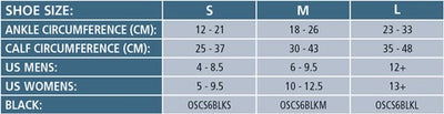 A sizing chart for socks indicating ankle and calf circumference in centimeters, US men’s and women’s shoe sizes, and product codes for small, medium, and large sizes.