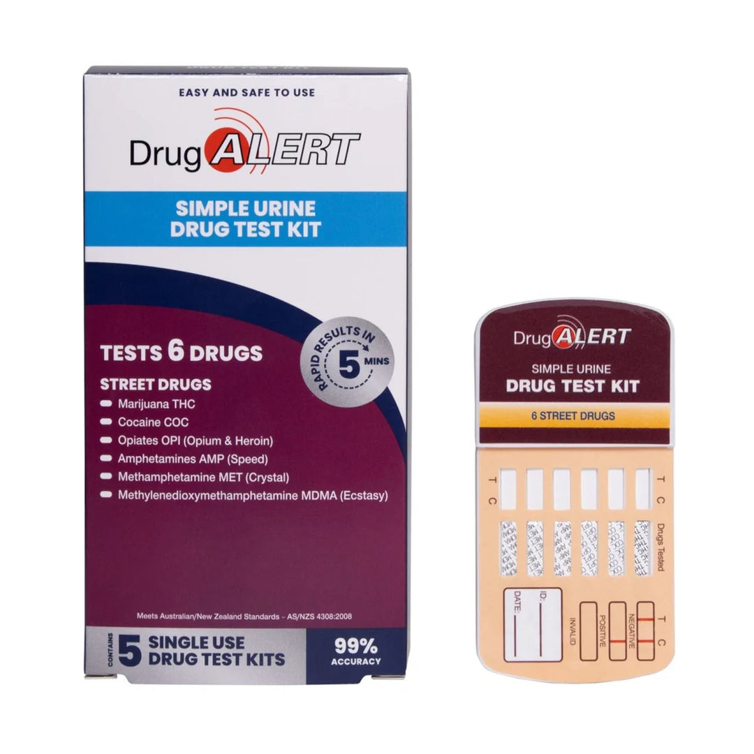 Drug Alert simple urine drug test kit with packaging on a white background