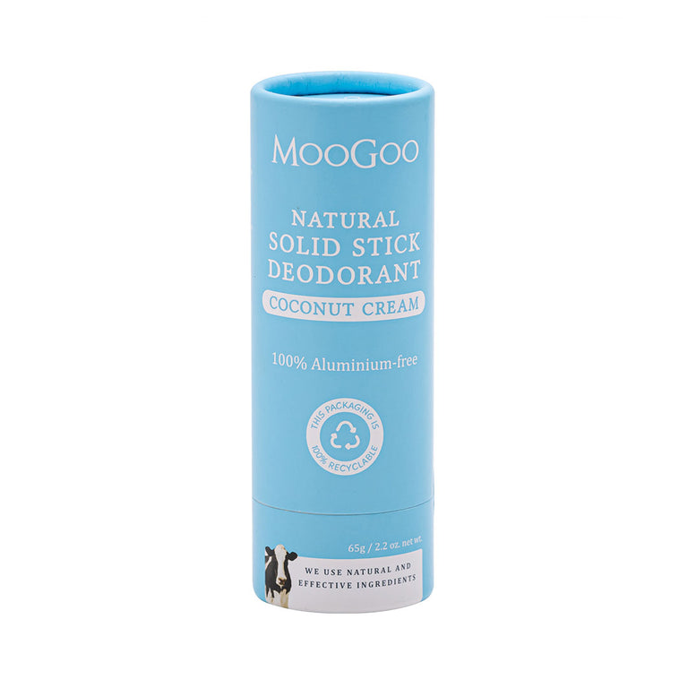 Moogoo natural solid stick deodorant in coconut cream flavor on a white background