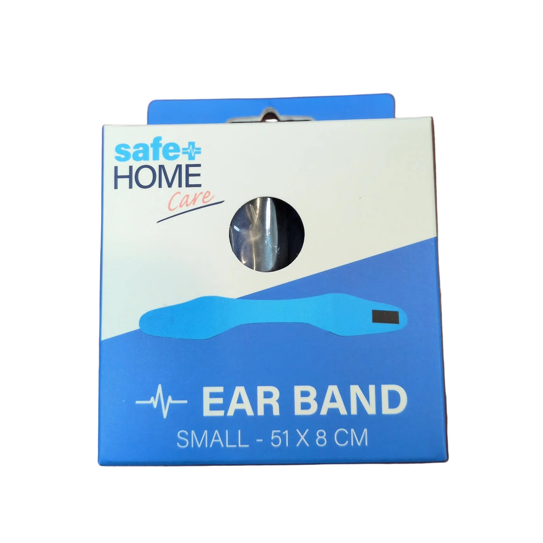 A boxed ear band shown on a dark reddish-brown surface. The retail packaging is white and blue with the text &