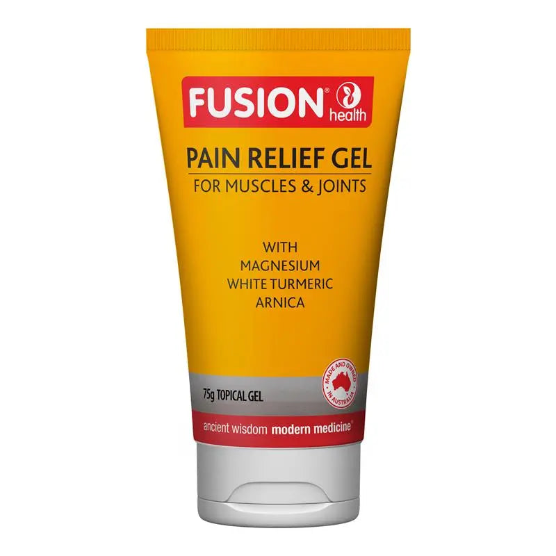 Fusion Health pain relief gel tube on a white background