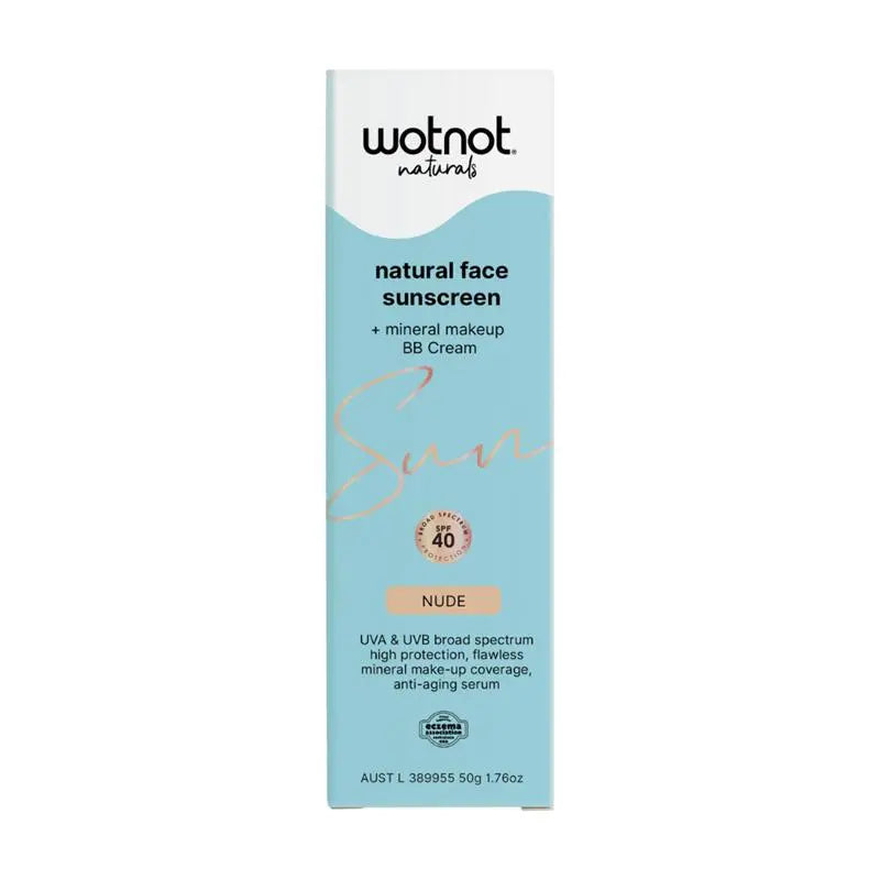 A tall rectangular box of Wotnot Naturals Natural Face Sunscreen + Mineral Makeup BB Cream in shade NUDE, featuring a light blue and white design with gold foil script.