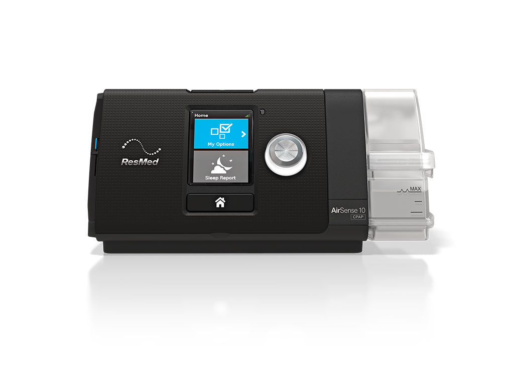 ResMed AirSense 10 CPAP machine, used to treat sleep apnea by providing a constant flow of air through a mask to keep the airways open during sleep.