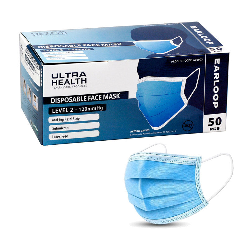 Ultra Health Surgical Face Mask with Ear Loop Level 2 - 50 pack